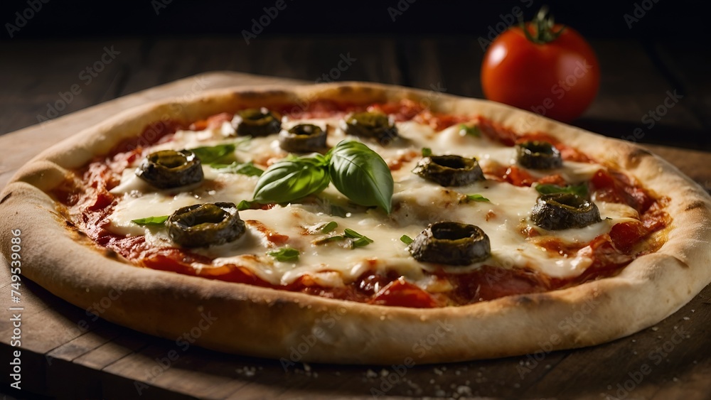 pizza with salami, tomatoes, pepperoni, olive and basil, food, fast food