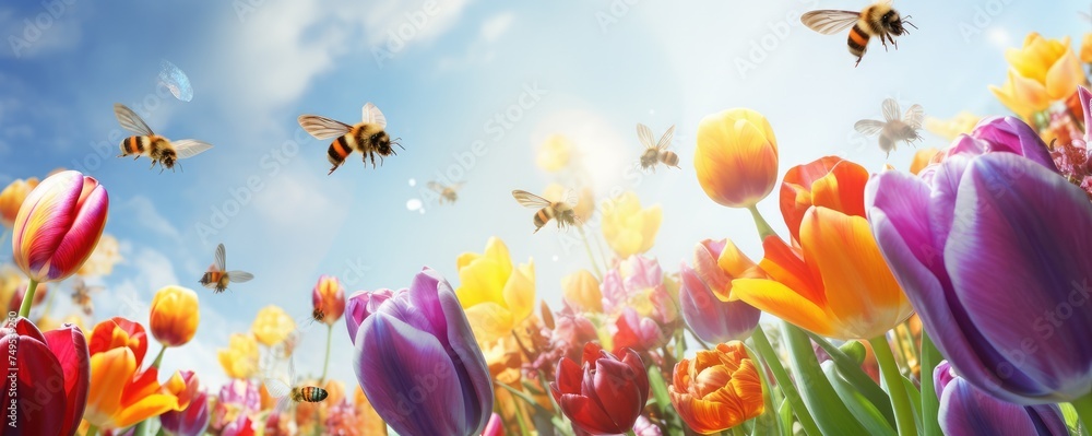 Queen bee is collecting honey from natural toulips in the mountains, banner. Generative Ai.