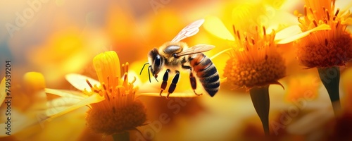 Queen bee is collecting honey from natural flowers in the mountains, banner. Generative Ai. photo