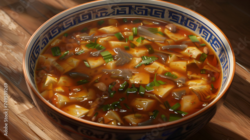 Traditional asian hot and sour soup in decorative bowl photo