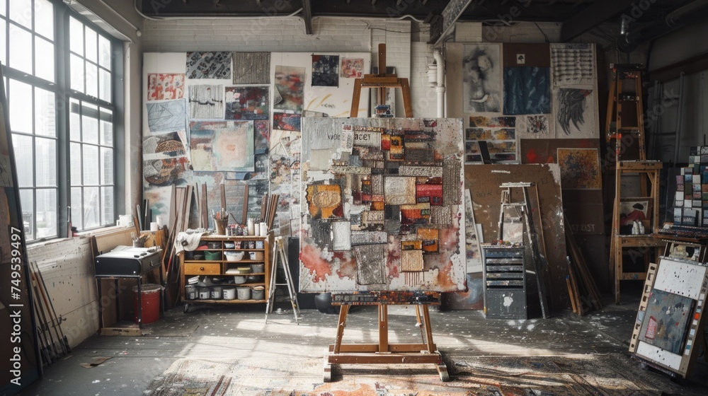 A patchwork canvas on an easel, composed of various fabric pieces in an art studio.