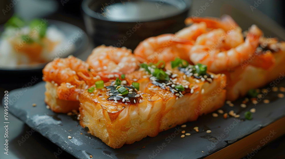Gourmet shrimp sushi platter on a black slate Gourmet shrimp sushi platter on a black slate