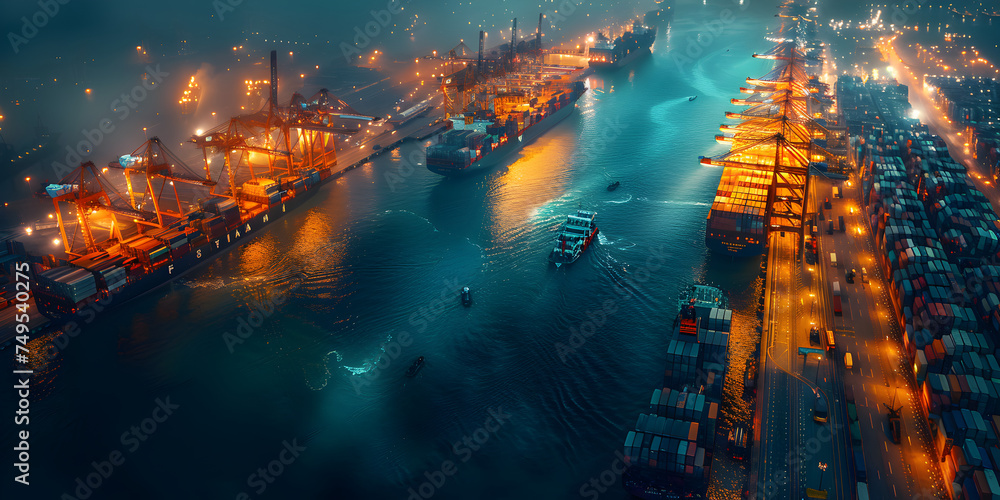  A mysterious and moody aerial top view of a bustling harbor immersed in dramatic twilight colors Container ship unloading at illuminated commercial dock 