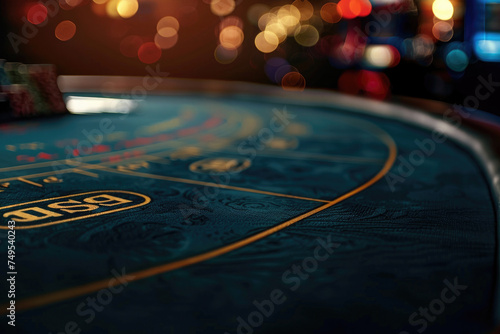 close-up, casino with poker table, green background photo
