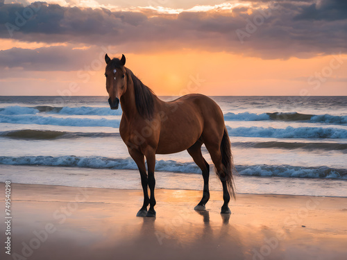Horse on the beach at sunset. Beautiful seascape. © wannasak