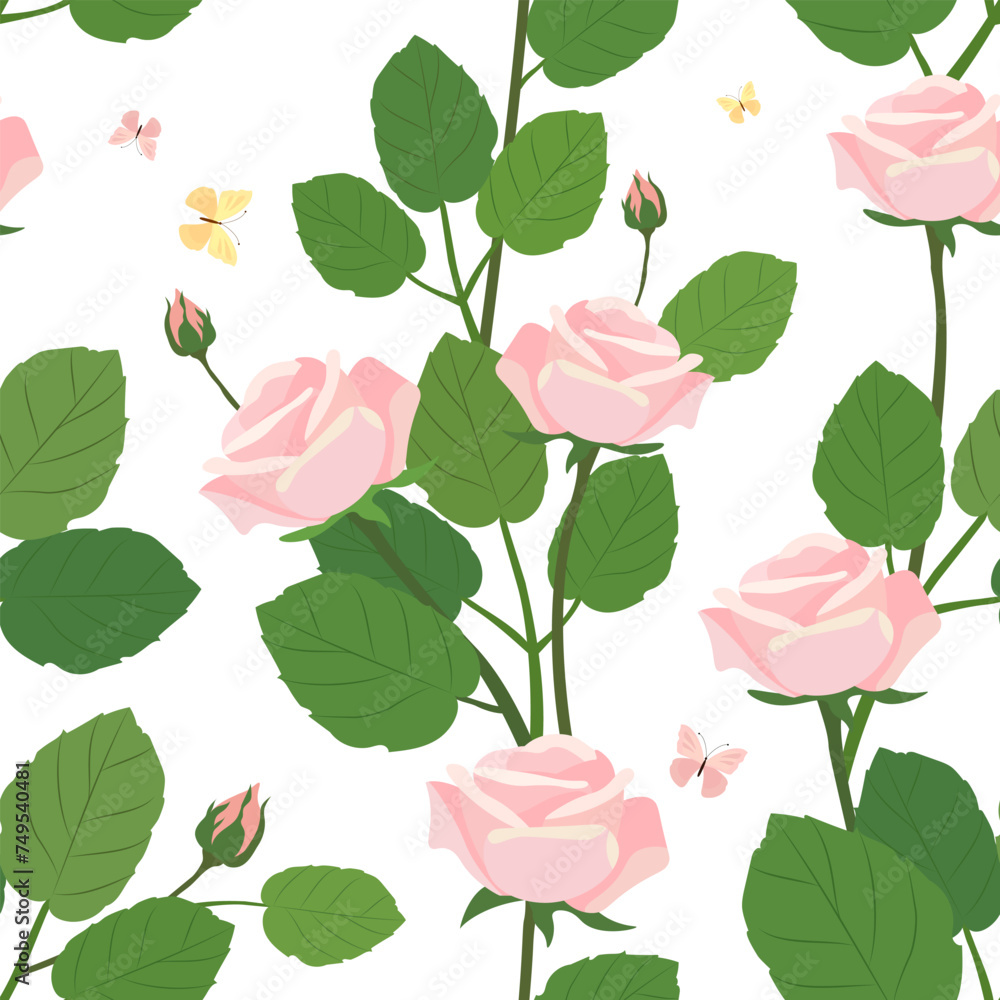 Pink roses with leaves on a white background. Seamless vector pattern with roses branch.