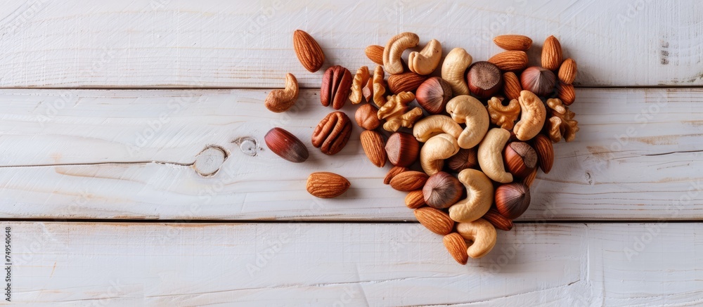 A heart-shaped arrangement of cashews, hazelnuts, walnuts, and almonds is neatly placed on a white wooden surface. The nuts are carefully positioned to form the shape of a heart, creating a unique and A heart-shaped arrangement of cashews, hazelnuts, walnuts, and almonds is neatly placed on a white wooden surface. The nuts are carefully positioned to form the shape of a heart, creating a unique and