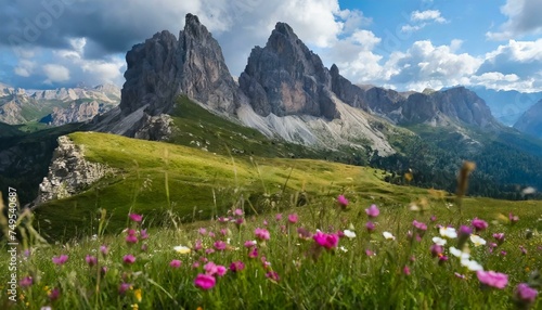 Beautiful landscape of the Dolomite Alps, meadow and mountains. Mountain meadows with flowers © Marko