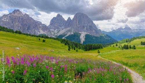 Beautiful landscape of the Dolomite Alps  meadow and mountains. Mountain meadows with flowers