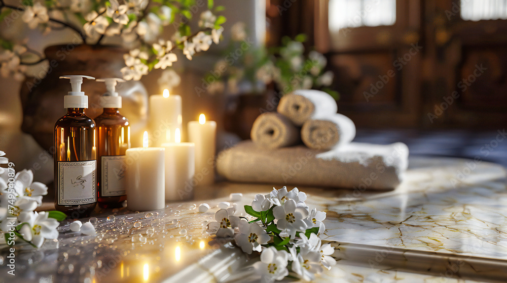 Elegant Spa Arrangement with Flowers, Candles, and Towel, Pampering and Relaxation Concept