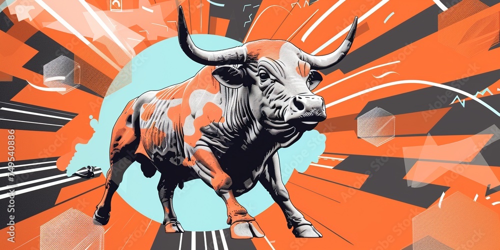 Obraz premium bull market news banner, raging bull with abstract elements
