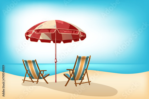 Beach chairs on the white sand, blue water, red sun umbrella vector illustration. Tranquil beach scene. Exotic tropical beach landscape. Summer vacation holiday concept. Chairs and umbrela for sunbath