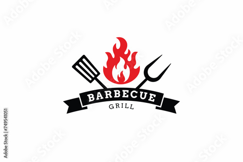 Hot Grill Barbecue Logo Spatula Fork Flame Fire Abstract Element Food Kitchen Outdoor Restaurant