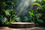 Concrete podium in tropical forest for product presentation and green wall