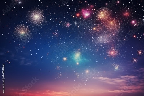 Colorful fireworks in the night sky. 3D illustration. New Year concept  view of the sky with small stars and colorful fireworks