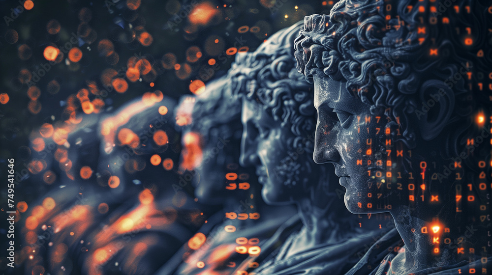 Glowing Technical Matrix Data over Greek and Roman Statues - obrazy, fototapety, plakaty 