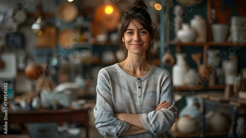 Woman entrepreneur in stylish furniture shop showcasing her successful small business. Concept Small Business Success, Entrepreneurship, Stylish Decor, Furniture Shop, Woman-Owned Business