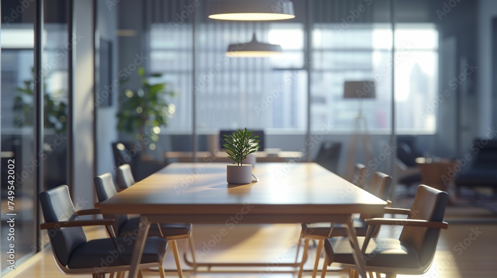Wooden Table With Chairs and Potted Plant Wooden Table With Chairs and Potted Plant