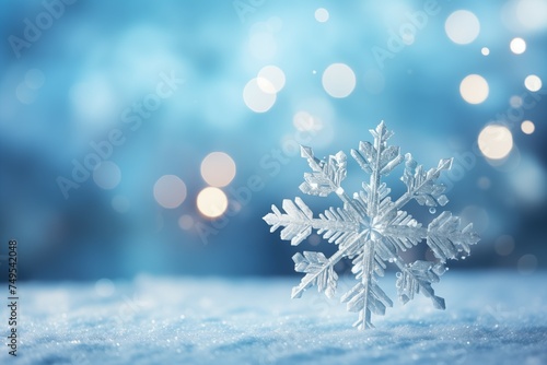 closeup snowflake on blurred snow bokeh background