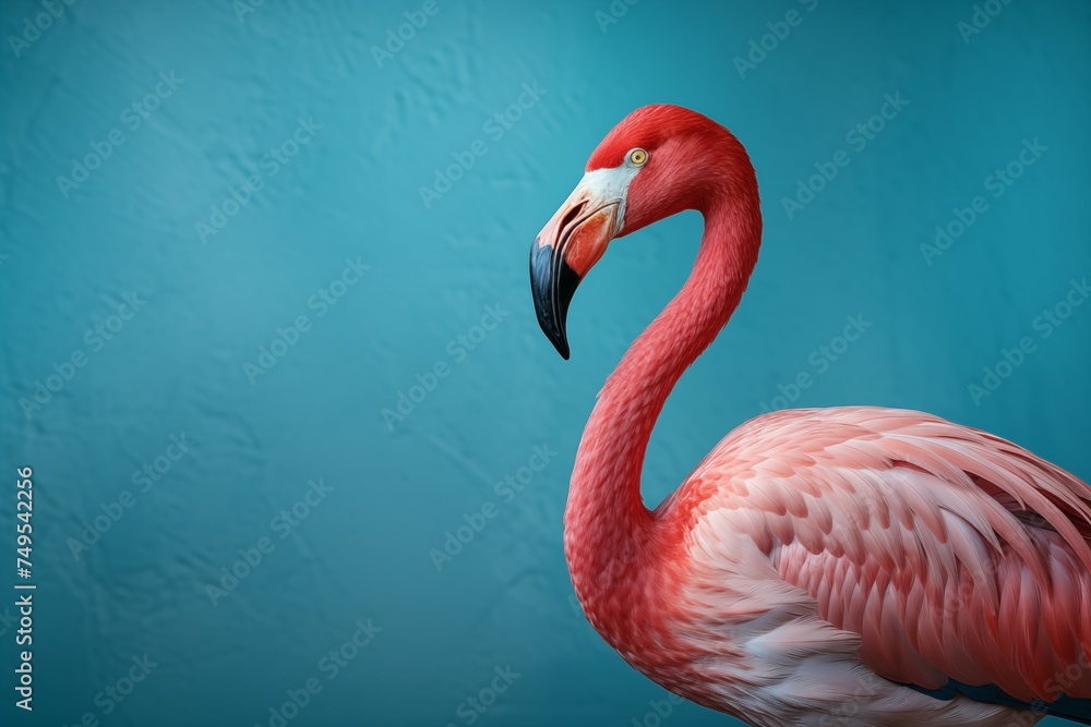 Fototapeta premium closeup flamingo on soft blue background with copy space