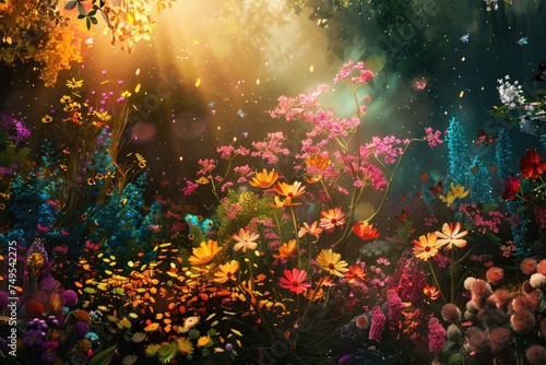 Vibrant floral meadow with magical light - A lively and enchanting meadow with an array of colorful flowers under a mystical golden light with fireflies