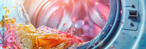 Vibrant laundry detergent in action - Close-up of detergent and colorful clothing swirling dynamically in a washing machine, depicting cleanliness and movement photo