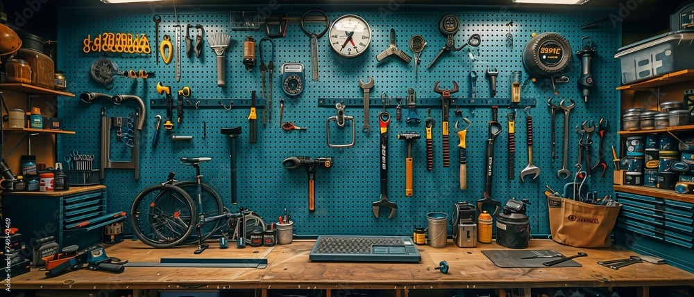 a set of cycling tools used in expert bicycle maintenance workshop with ...