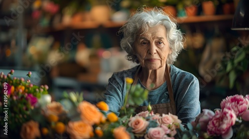 Elderly female entrepreneur in a floral boutique creating beautiful flower arrangements. Concept Floral Arrangements, Elderly Entrepreneur, Boutique Setting, Flower Shop, Creative Business Owner
