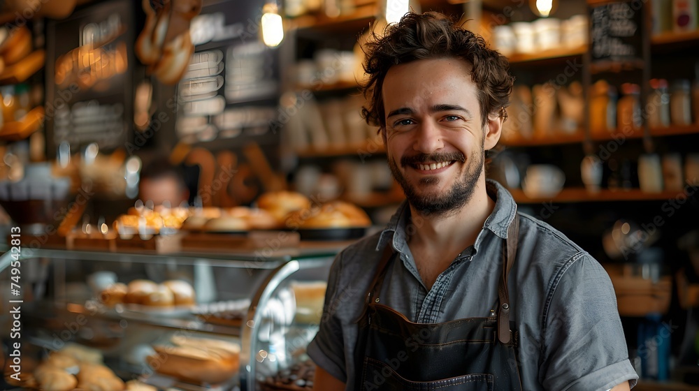 Happy barista serves hot drinks and pastries in cozy cafe setting. Concept Barista, Hot Drinks, Pastries, Cozy Cafe Setting, Hospitality