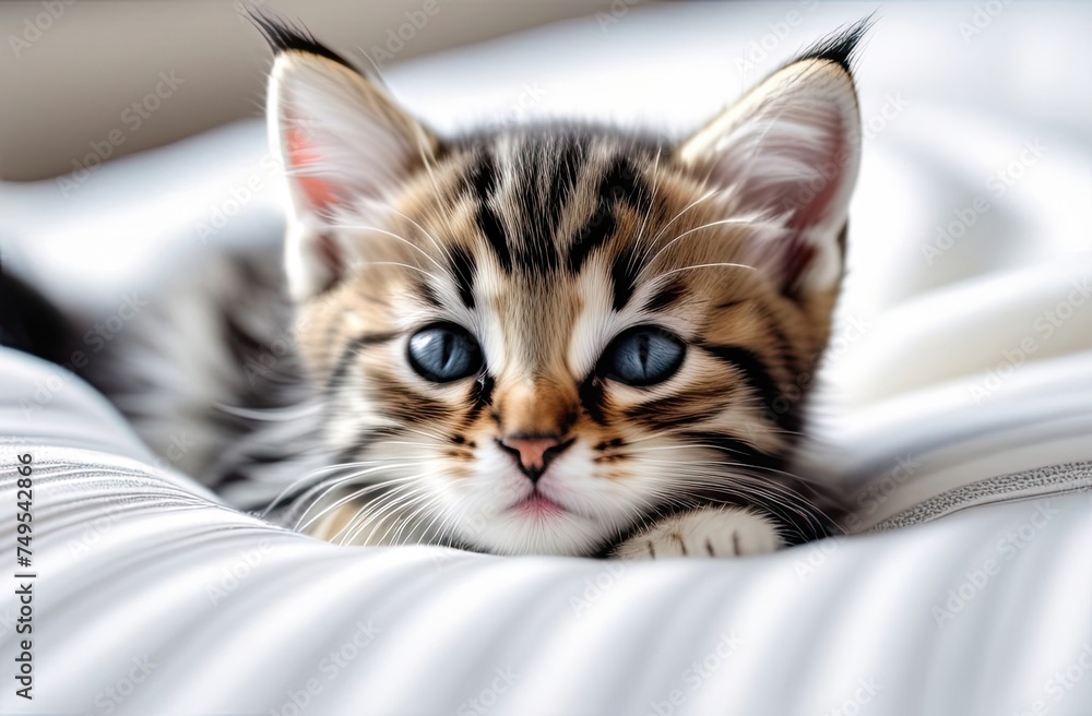 A pet is resting on a warm blanket. Cute little striped kitten sleeping on a white blanket. Cute little kitten sleeping on the bed. The concept of funny adorable pets.