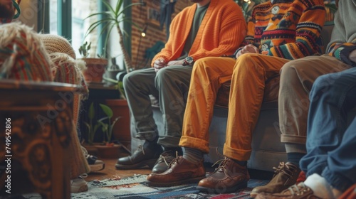 a group of friends gathered in a cozy, well-lit room, each showcasing their unique take on the eclectic grandpa trend. The focus is on the details that make this style stand out.