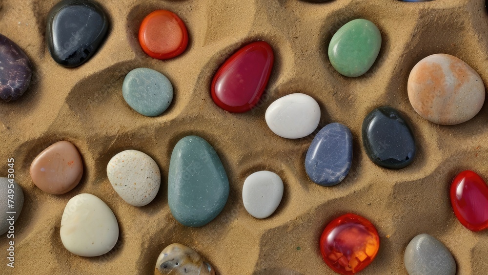 Ocean's Palette: Colored Pebbles Along the Water's Edge Ocean's Palette: Colored Pebbles Along the Water's Edge