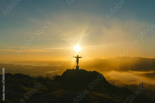 Jesus rising at Beautiful sunrise. Generative AI