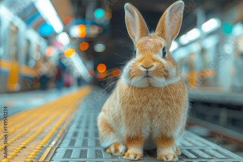 Portrait of an Easter bunny at a train station. Generative AI