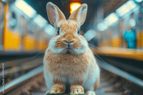 Portrait of an Easter bunny at a train station. Generative AI