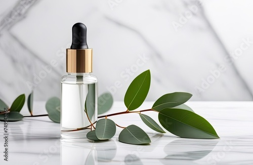 Glass dropper bottle with a pippette with rubber tip on the beautiful background. Nature Skin concept. Organic Spa Cosmetics. Eco friendly care organic Cosmetic product. Beauty treatment. Spa Concept. photo