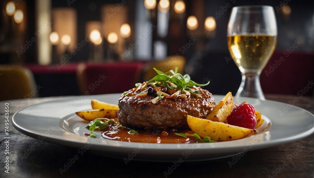 beef steak juicy sauce with vegetable potato and wine, food photography, luxury restaurant background