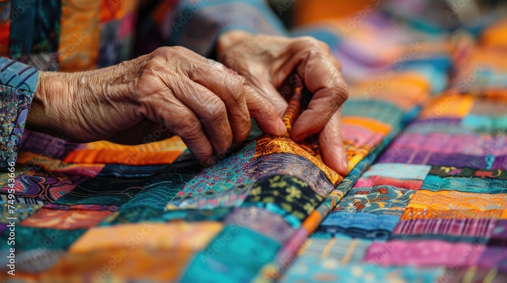 an artist's hands meticulously arranging fabric pieces on a patchwork canvas, with each patch carefully chosen and placed to create a harmonious composition an artist's hands meticulously arranging fabric pieces on a patchwork canvas, with each patch carefully chosen and placed to create a harmonious composition