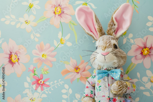 Easter bunny dressed  in a costume on a floral background. Generative AI photo