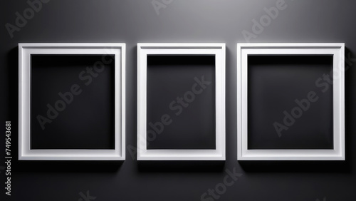 photo frames. White frames on a black wall. triptych of filled white frames on a black, dark and gray abstract wall, interior decor texture for product display and wall background. photo