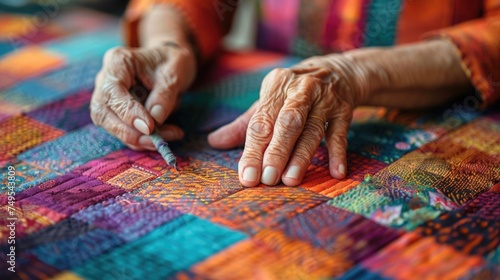 an artist's hands meticulously arranging fabric pieces on a patchwork canvas, with each patch carefully chosen and placed to create a harmonious composition