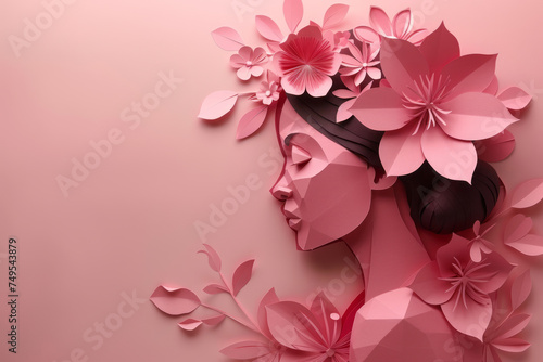 A woman crafted with paper flowers in papercut style on a pink background. Generative AI © Anthony Paz
