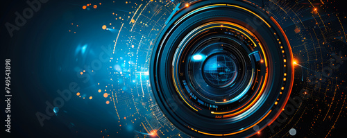 Abstract futuristic camera lens on dark background, place for text
