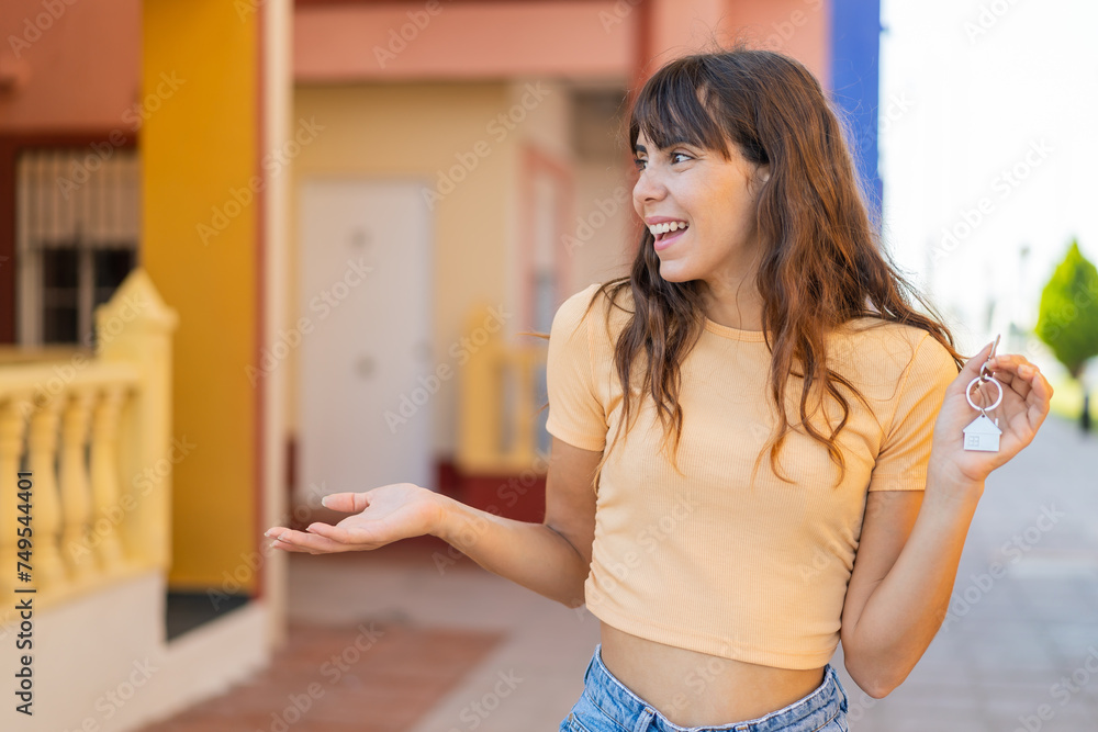 Young woman holding home keys at outdoors with surprise facial expression Young woman holding home keys at outdoors with surprise facial expression