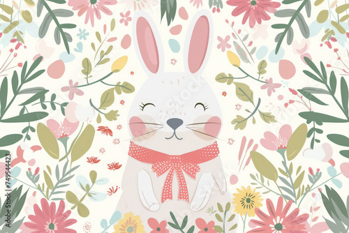 Easter bunny dressed in a costume on a floral background. Generative AI
