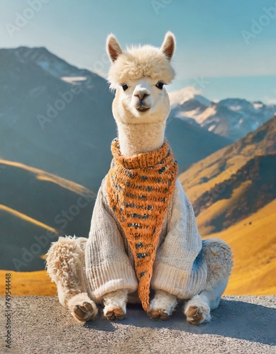 Calm looking alpaca or llama wearing simple clothes, sitting on ground in lotus like position photo