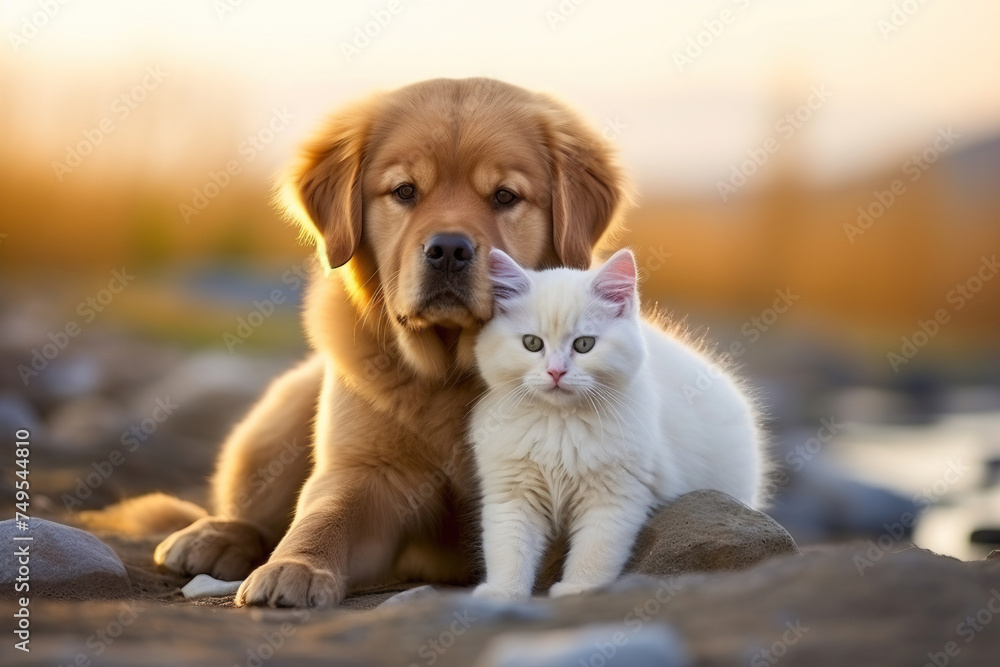 Harmony amongst stones: A serene scene featuring a dog and a cat seated peacefully side by side on a large rock, enjoying a moment of companionship in nature