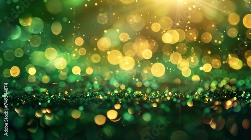 Vibrant bokeh background with sparkling golden and green lights, creating a festive atmosphere.