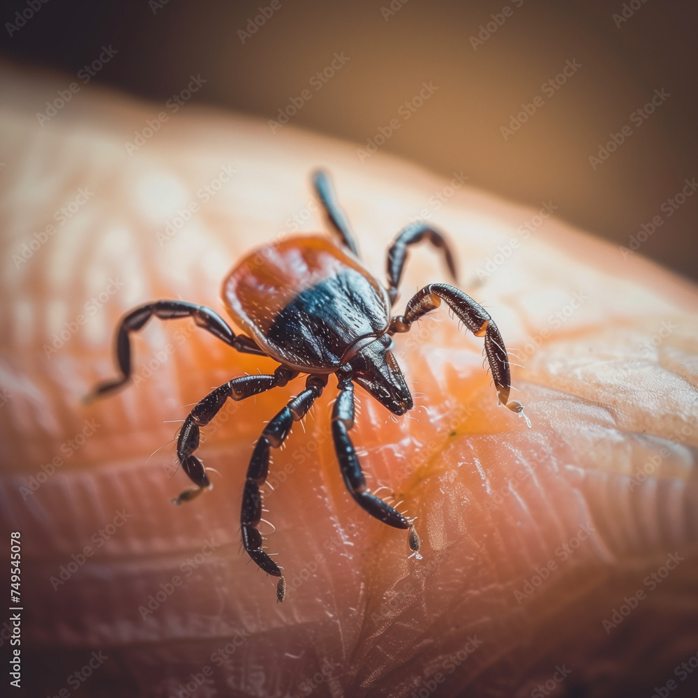 Microscopic Menace: Close-Up of a Deer Tick Clinging to Human Skin, Emphasizing the Importance of Tick Prevention and Safety Microscopic Menace: Close-Up of a Deer Tick Clinging to Human Skin, Emphasizing the Importance of Tick Prevention and Safety