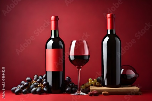 Red wine bottle and glass on a red background with copy space for text. Valentine's Day celebration, Party concept